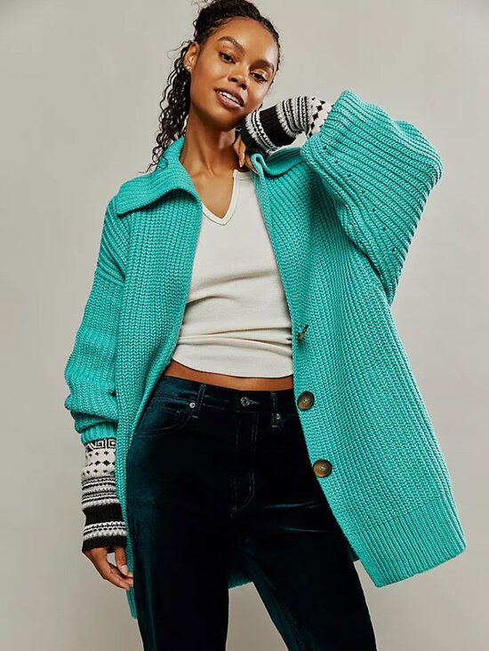 Free People Sweaters - ☀️ Free People Swim Too Deep Chunky Knit Cardigan Turquoise S NWOT